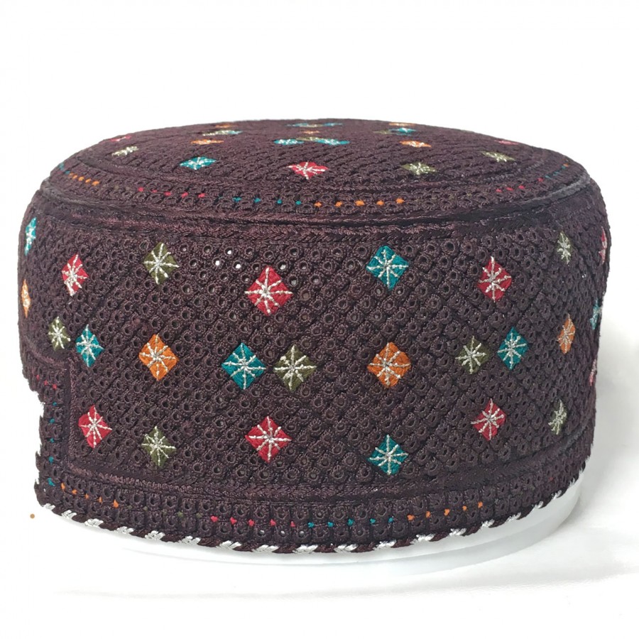 Maroon Multi Ghotki Yaqoobi Zardari Cap or Topi MKC-858